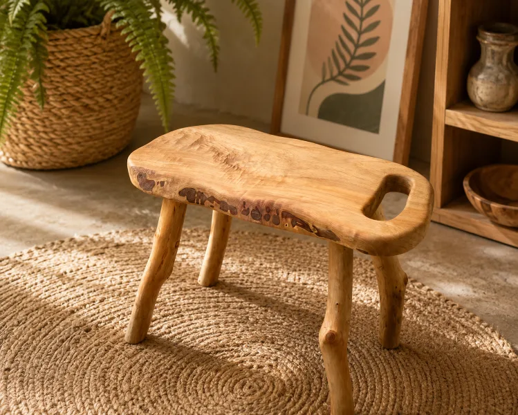 Stool (Handle) – Totara/Totara Sapling legs     Top 420 mm X 230 mm , Height  330 mm